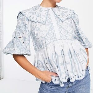 ASOS EDITION cutwork broderie smock top with tonal embroidery in blue